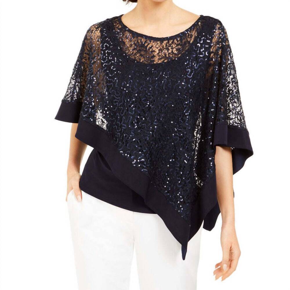 NEW R&M RICHARDS women's sequined overlay top in navy/blue